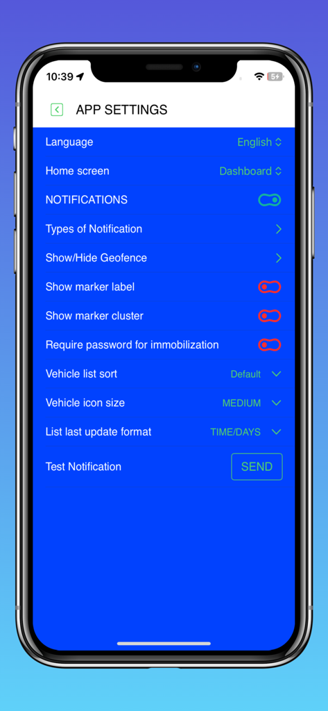 Gro Fleet - Gro Fleet app settings screen showing notification and vehicle display preferences