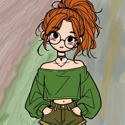 girl with a messy ponytail glasses a baggy crop top and jean shorts