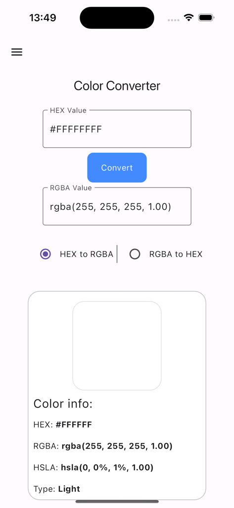 Flutter Tools & UI Builder Pro - Flutter Tools and UI Builder Pro color converter screen showing HEX and RGBA values