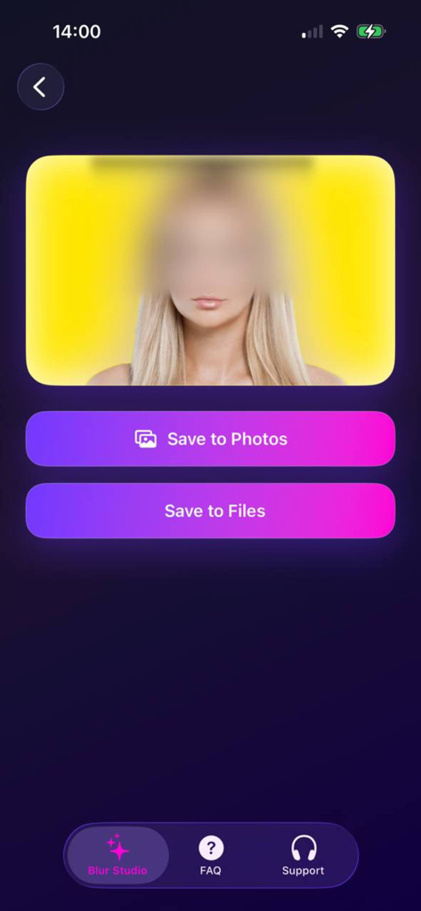 Captura de tela da tela de exportação do Blur Photo Tool mostrando opções para salvar uma imagem desfocada em fotos ou arquivos