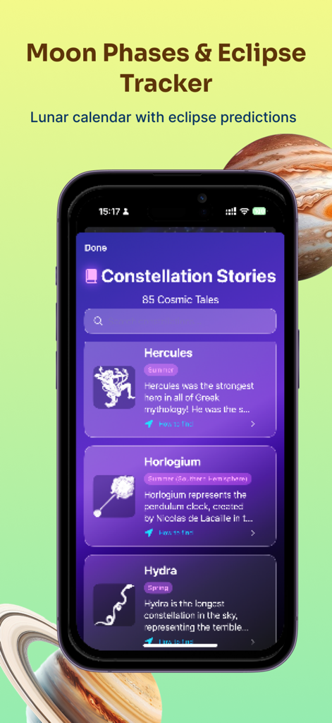 Skymap: Constellation Finder - Una interfaz de aplicación móvil mostrando una lista de historias de constelaciones, incluyendo Hércules y Horlogium, con un encabezado de calendario lunar.