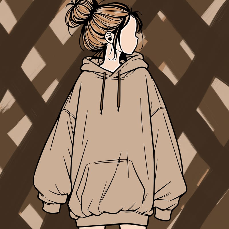 realistic girl with a oversized sweatshirt on and a bun