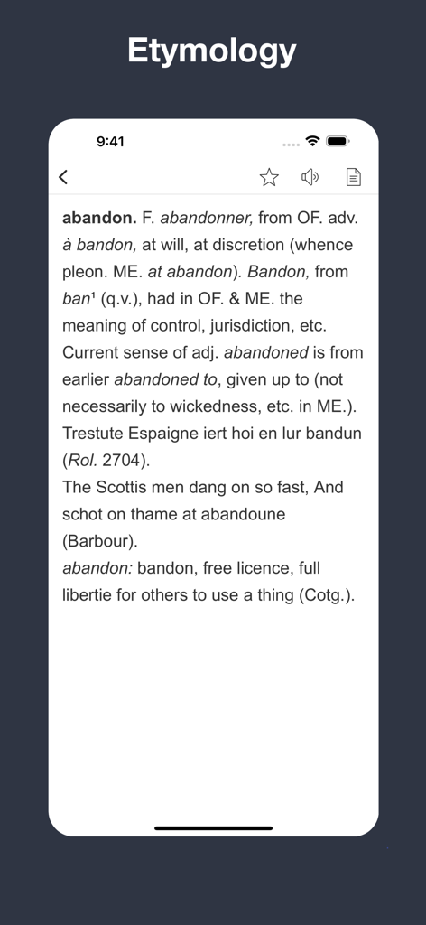 Modern English Etymology - A detailed dictionary entry for the word abandon showing its linguistic origins and historical usage.