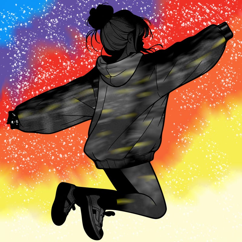 realistic girl jumping with a bun and oversized sweatshirt