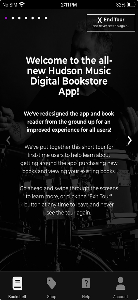Welcome screen of the Hudson Music Digital Bookstore app for drummers