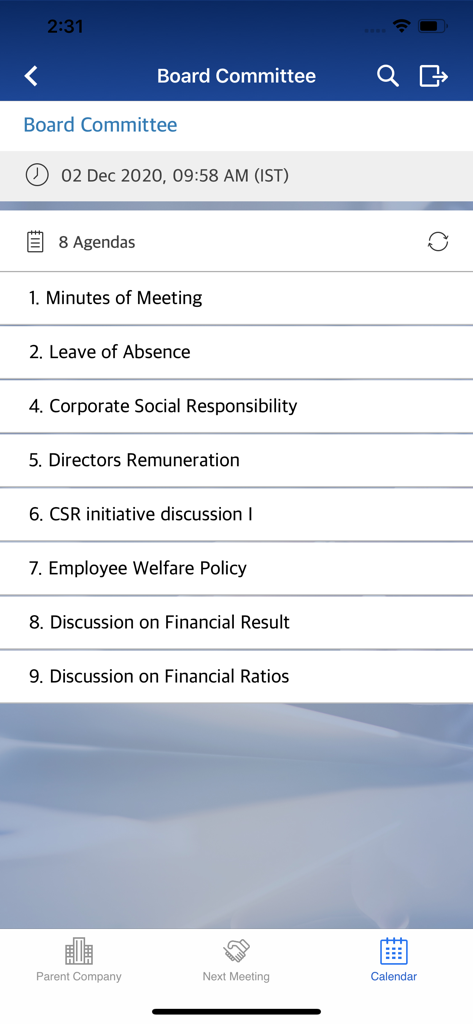 TCS Board App - TCS Board App interface displaying a list of board committee meeting agenda items on a mobile device.