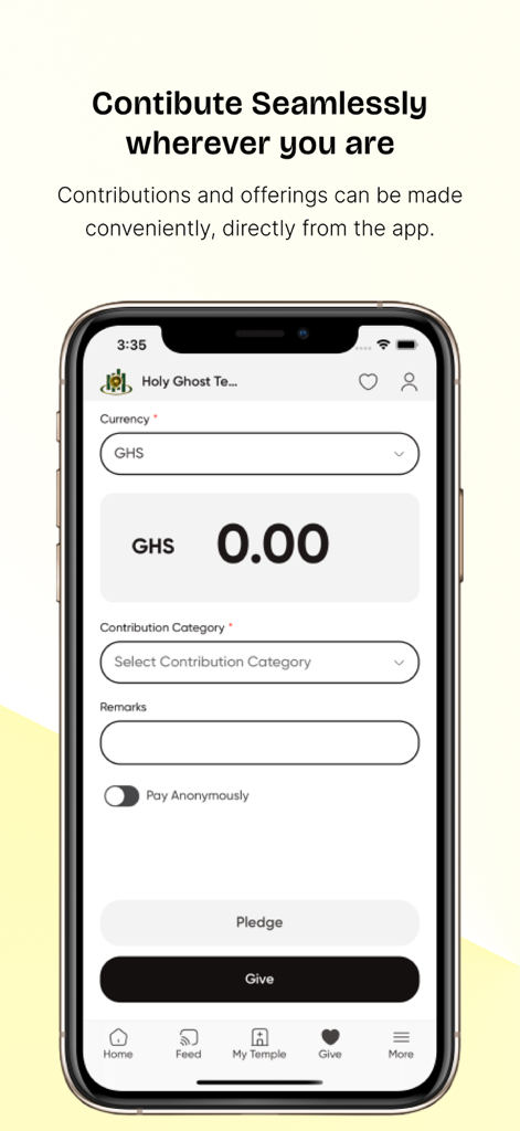 Digital giving interface of the ICGC app showing contribution options for church members
