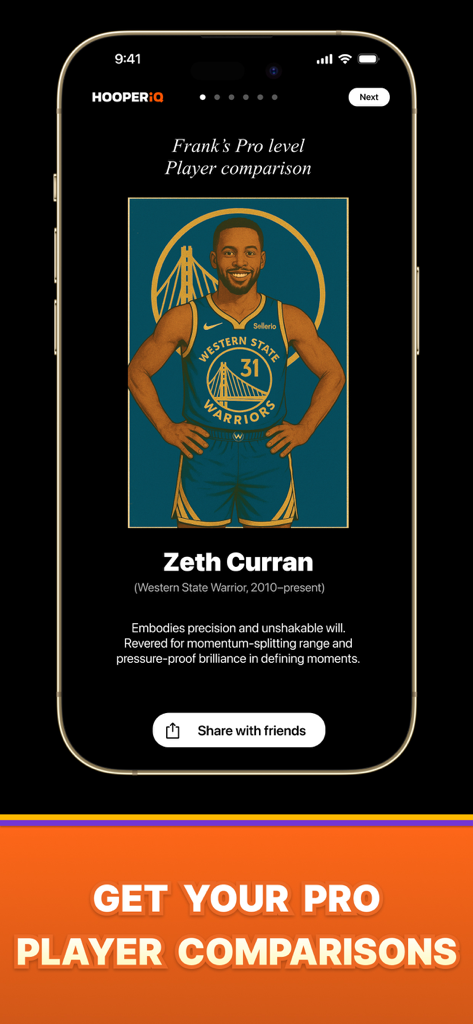 HooperIQ: Learn Basketball - Mobile app screen showing a professional basketball player comparison and personal archetype profile in HooperIQ
