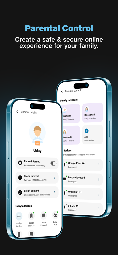 JioHome app interface showing parental control settings and device management for family members