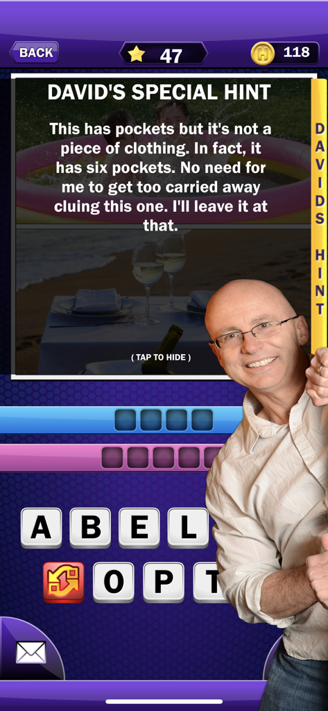 Just 2 Words - A word puzzle hint screen in the Just 2 Words app featuring creator David L Hoyt and a riddle.