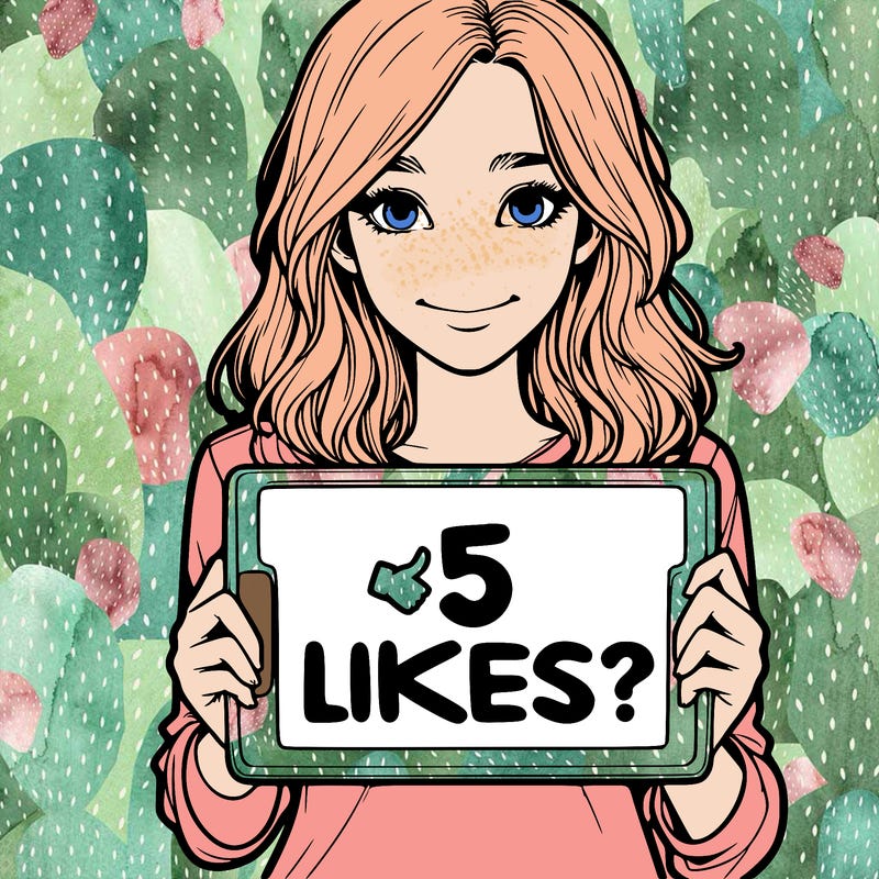 a realistic girl holding a sign saying 5 likes?