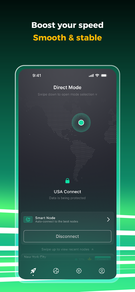 BOOST VPN mobile app interface showing a secure connection to a USA server with a focus on smooth and stable speed