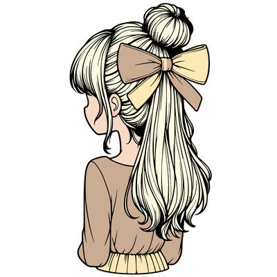 realistic girl  with hip length hair a bun and a big bow on the back of head