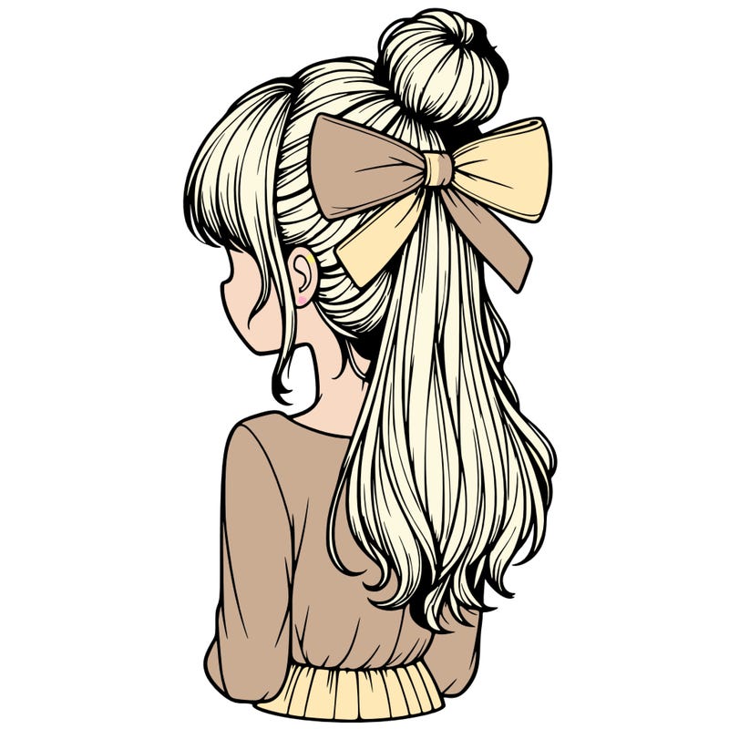 realistic girl  with hip length hair a bun and a big bow on the back of head
