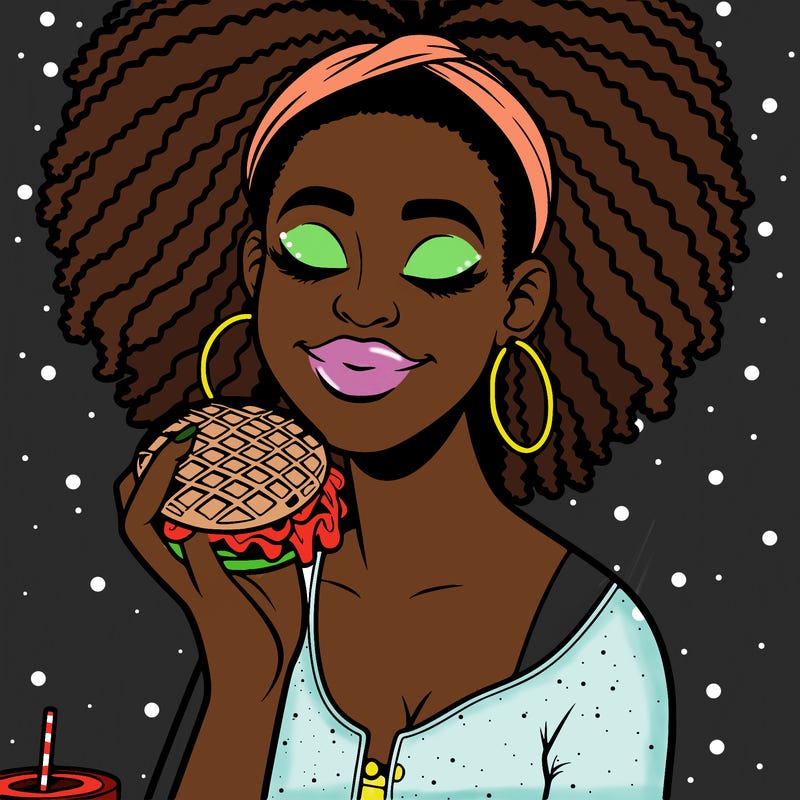 an african american woman eating a waffle burger realistic