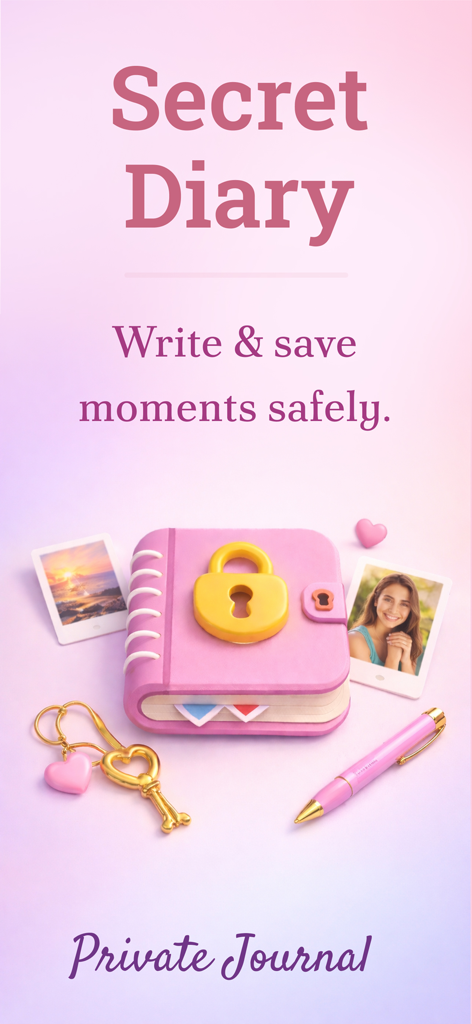 Secret Diary - Private Journal - Gráfico promocional estético para la aplicación Diario Secreto que muestra un cuaderno cerrado rosa, una llave dorada en forma de corazón y un bolígrafo rosa sobre un fondo pastel.