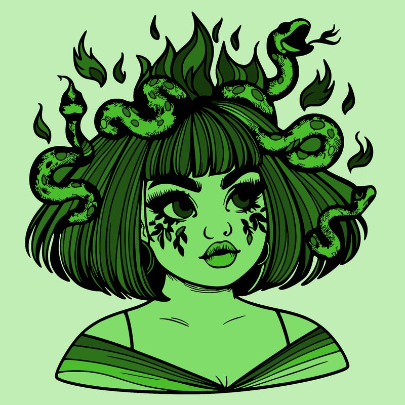 a plus size girl with short hair and snakes coming off her head like medusa, and flames in her eyes, beautiful and realistic