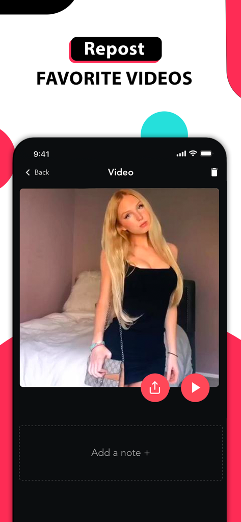 A mobile screen of SnapTik app displaying a video with options to repost and add personal notes