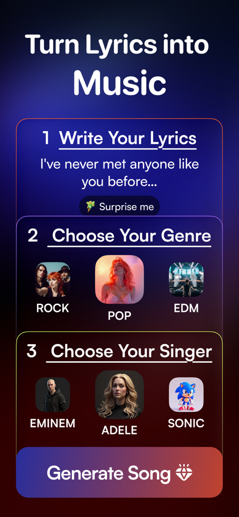 TuneCraft. AI Song Generator - Interface of TuneCraft AI app showing three steps to turn lyrics into songs