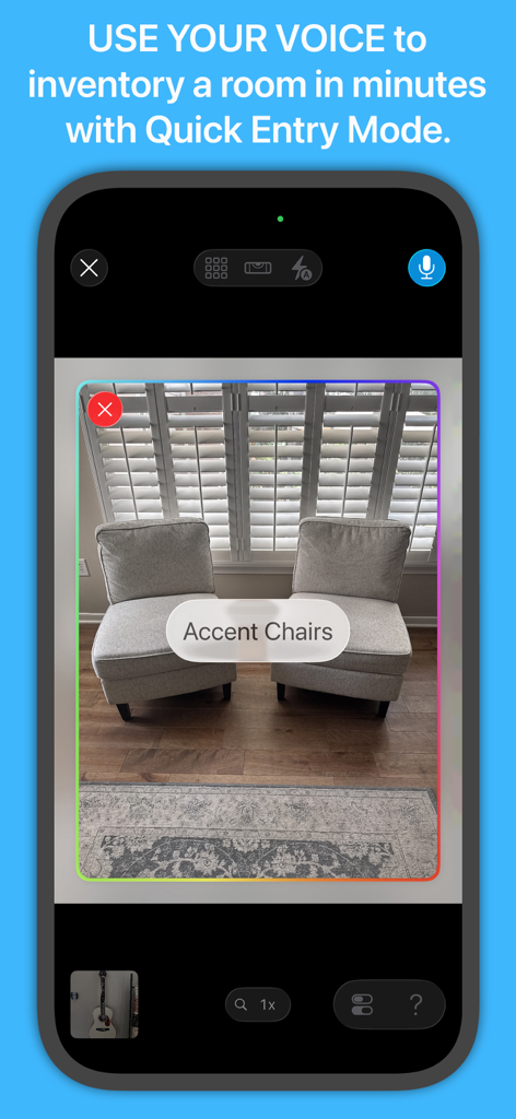 Under My Roof Home Inventory + - Under My Roof app showing voice activated quick entry mode for home inventory