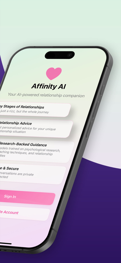Affinity AI - Affinity AI onboarding screen showing relationship advice and research-backed guidance features