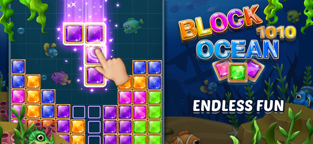 Block Ocean Puzzle 1010 - Block Ocean 1010 puzzle game featuring colorful blocks and an underwater theme with fish and seaweed