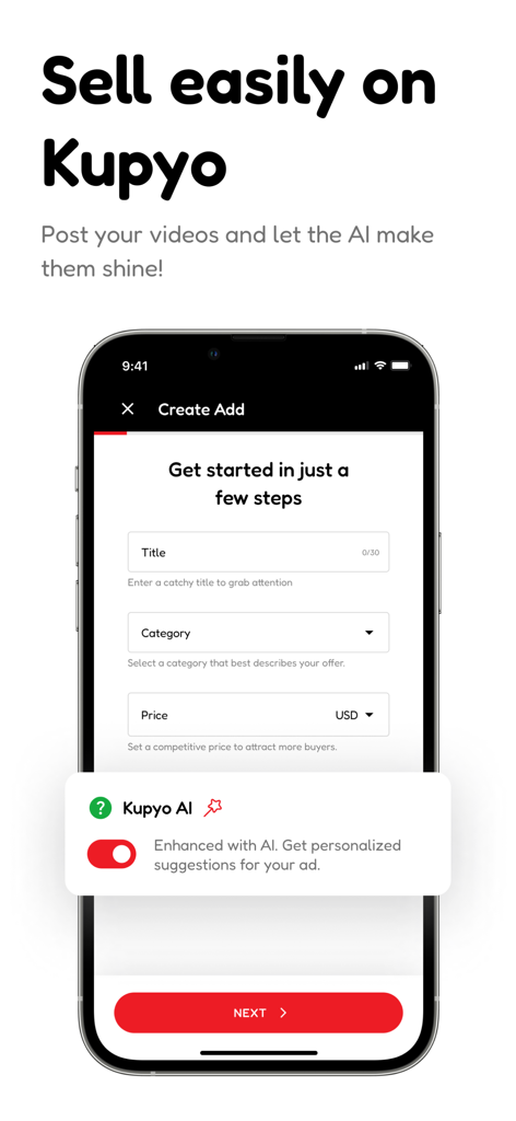 Pantalla móvil de la aplicación Kupyo que muestra el proceso de creación de anuncios con funciones de IA habilitadas