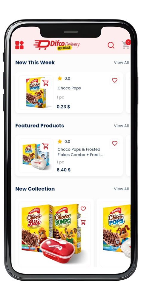 Difco Delivery - Difco Delivery mobile app interface showing Poppins cereal products and new grocery collections