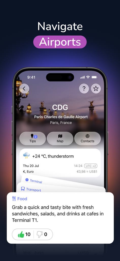 byAir: Live Flight Tracker - byAir app screen showing airport navigation guide and AI tips for travelers