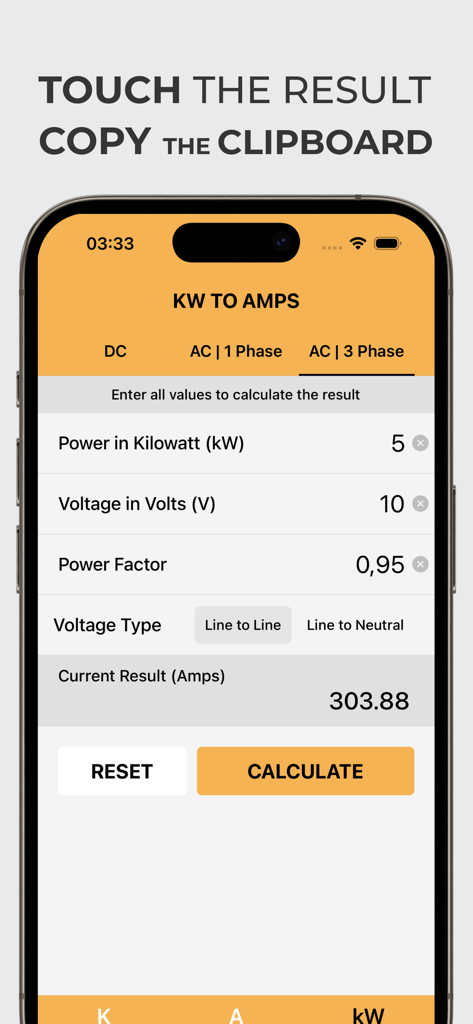 Interfaccia di conversione da kW ad Ampere del Calcolatore Kva che mostra il risultato della conversione trifase