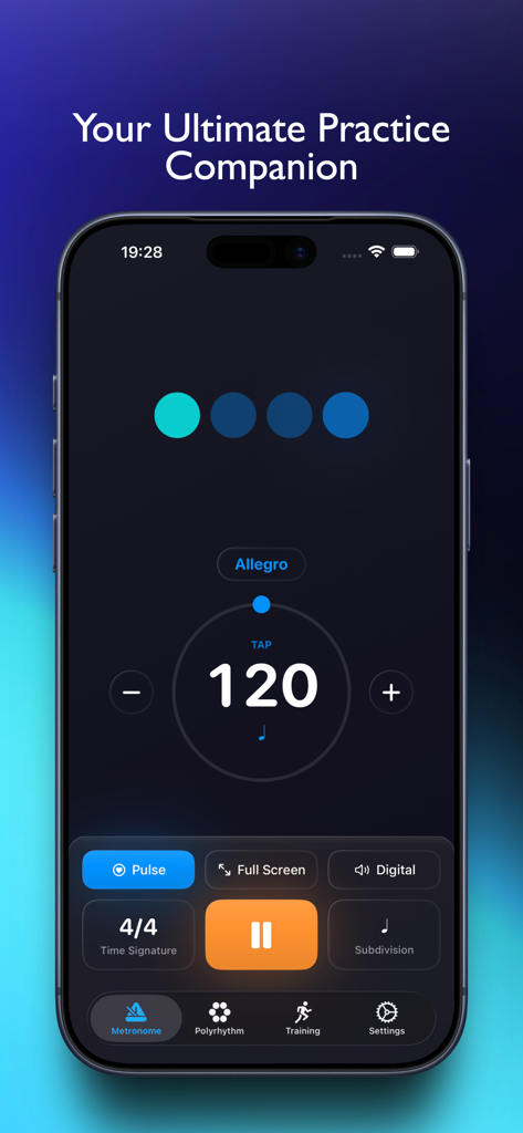 FlowBeats - Main metronome interface of the FlowBeats app showing tempo controls and time signature settings