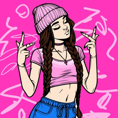 realistic teenage girl with braids and a beanie and crop top doing 🫶🏼