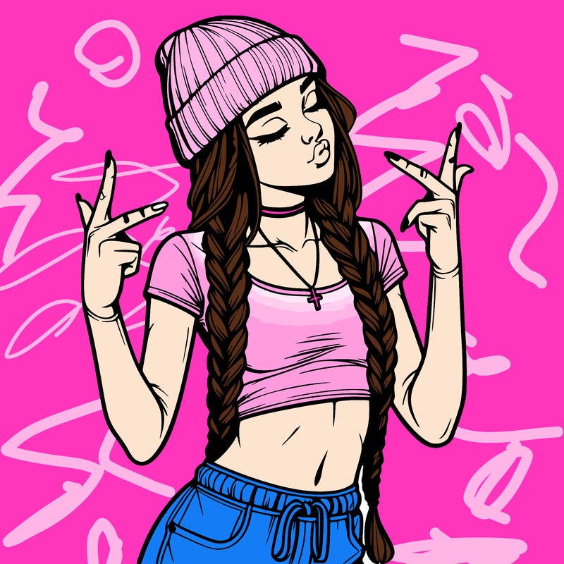 realistic teenage girl with braids and a beanie and crop top doing 🫶🏼