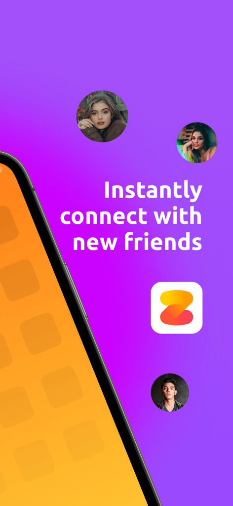 Zeetok app promotional screen with the text Instantly connect with new friends and circular profile pictures