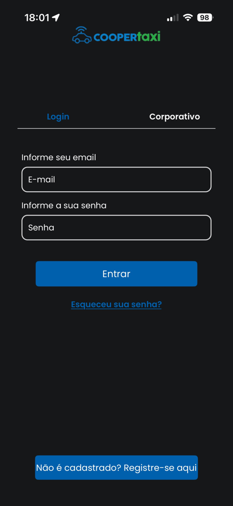 Coopertaxi MS - Página de login do aplicativo móvel Coopertaxi MS com opções de login corporativo e pessoal.