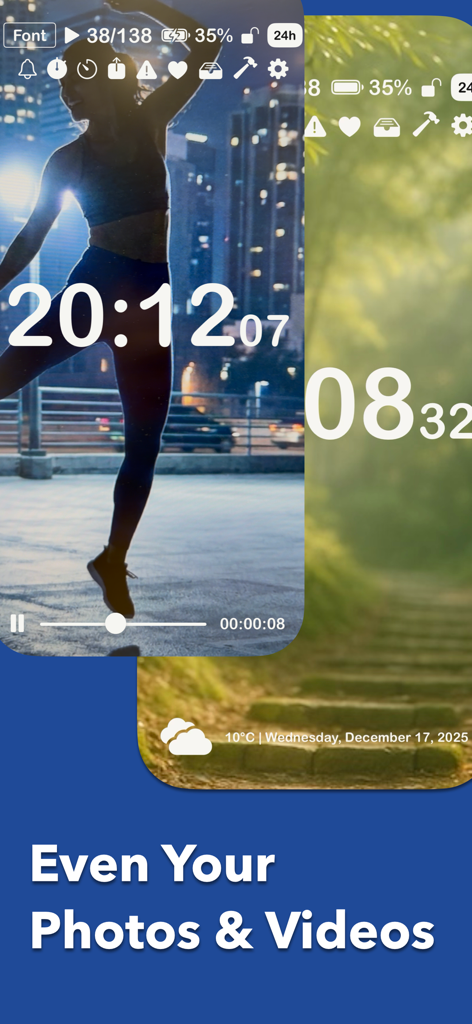 Digital clock display using personal photos and videos as custom background themes