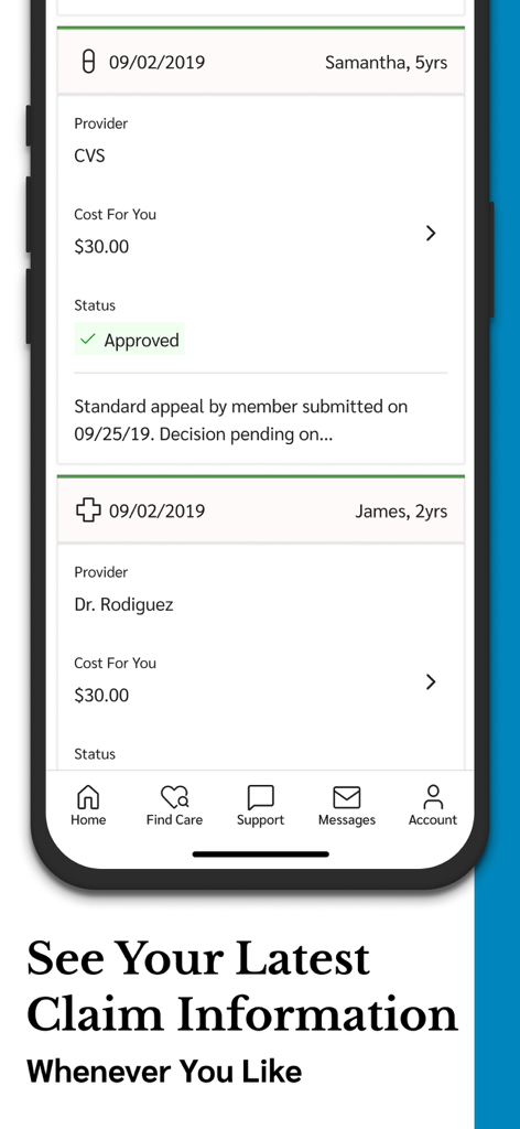 Florida Blue - Interface do aplicativo Florida Blue mostrando detalhes e status de sinistros de seguro para membros da família