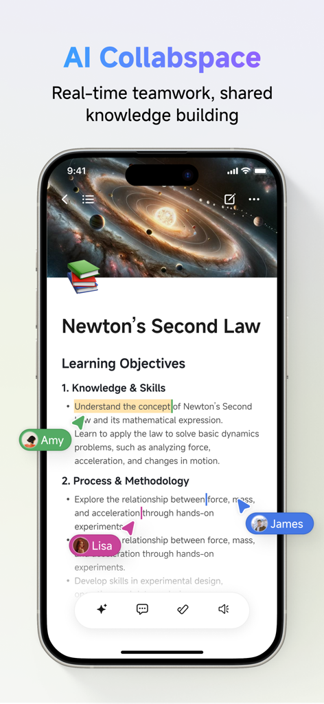 ClassIn app interface showing real-time collaborative editing on a physics lesson document with multiple users