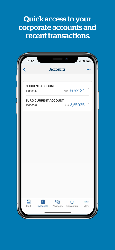 Interface of the Handelsbanken UK Corporate app displaying corporate account balances on an iPhone
