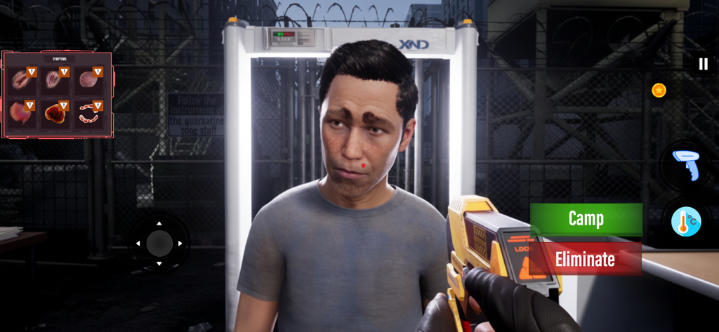 Vue en jeu du scan d'un personnage pour les symptômes d'infection avec des options pour camper ou éliminer.