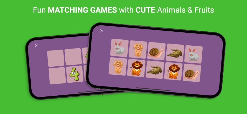 Memory Mingle - Uma tela de aplicativo móvel mostrando um jogo de correspondência de memória com ilustrações fofas de animais para crianças.