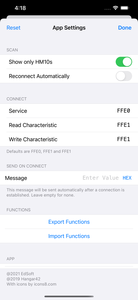 BLESerial HM-10 - The app settings menu of BLESerial HM-10 displaying options for bluetooth scanning and service connection parameters