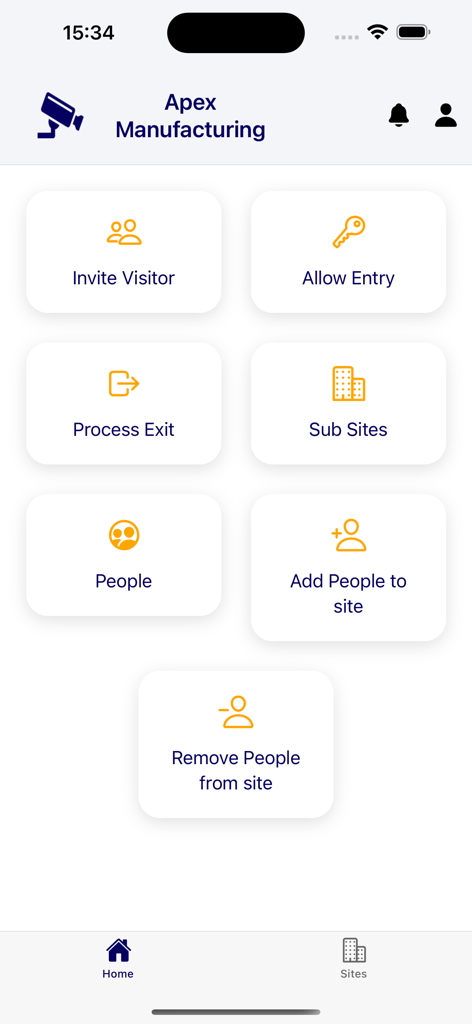Securiti - Painel de controle de acesso do aplicativo móvel Securiti para Apex Manufacturing, mostrando opções de controle de acesso como convidar visitante, permitir entrada e gerenciamento de sublocal