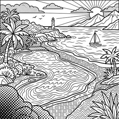 Explore the dynamic beauty of a coastal lake rendered in striking Pop Art style. This unique coloring page features a lighthouse, palm trees, and a sailboat, ready for your most vibrant colors.