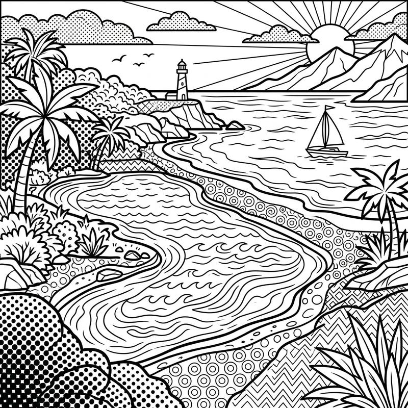 Explore the dynamic beauty of a coastal lake rendered in striking Pop Art style. This unique coloring page features a lighthouse, palm trees, and a sailboat, ready for your most vibrant colors.