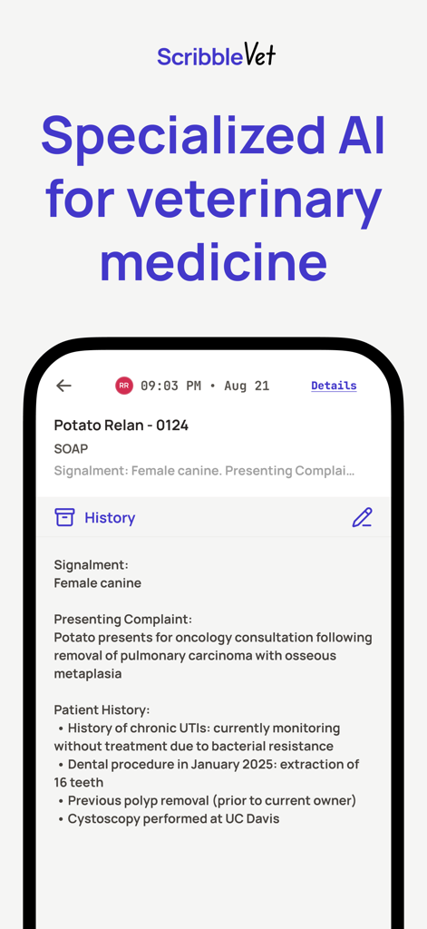 ScribbleVet – the AI Scribe - ScribbleVet app interface displaying specialized AI generated SOAP notes for veterinary medicine