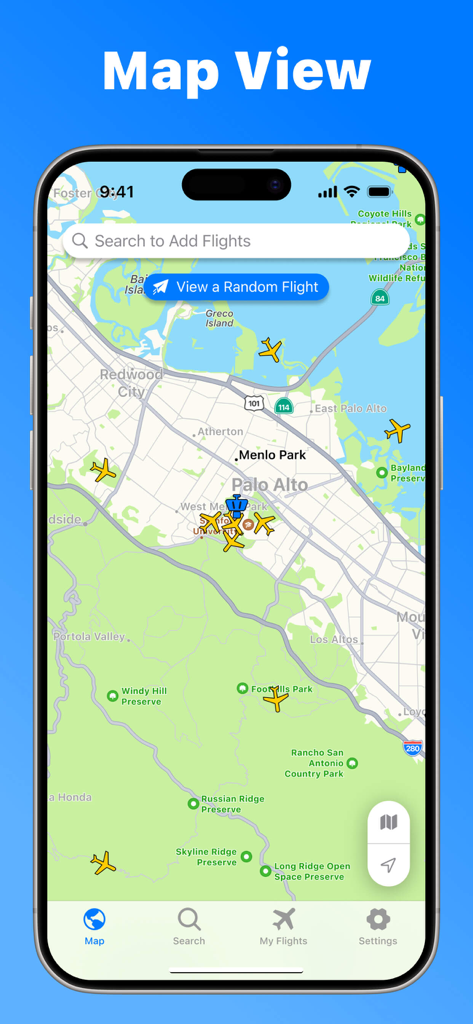 Flight Tracker, Plane Finder - Un mapa de radar interactivo que muestra seguimiento de aeronaves en vivo e íconos de aviones sobre un área de ciudad.