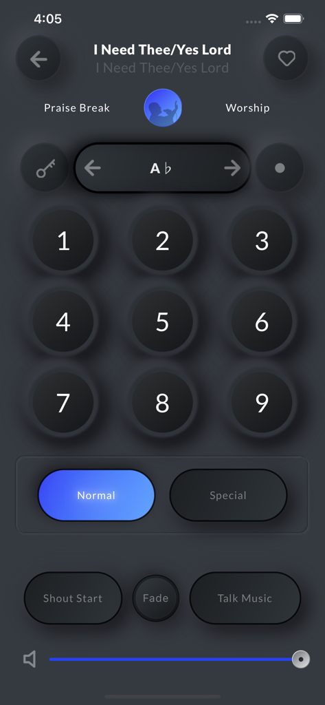 Interface de l'application Whoop Triggerz Plus montrant des déclencheurs musicaux numérotés et des contrôles de musique de discussion pour les services religieux.