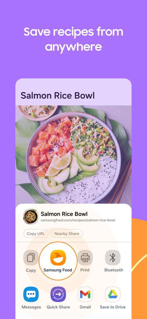Samsung Food app interface showing how to save a salmon rice bowl recipe from any website using a mobile share menu
