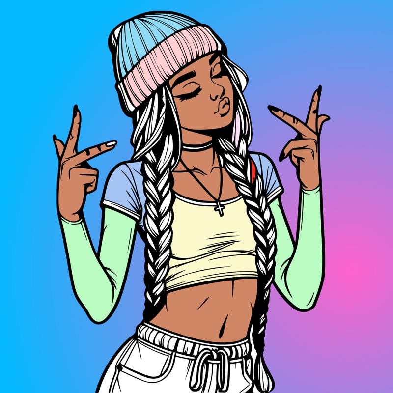 realistic teenage girl with braids and a beanie and crop top doing 🫶🏼